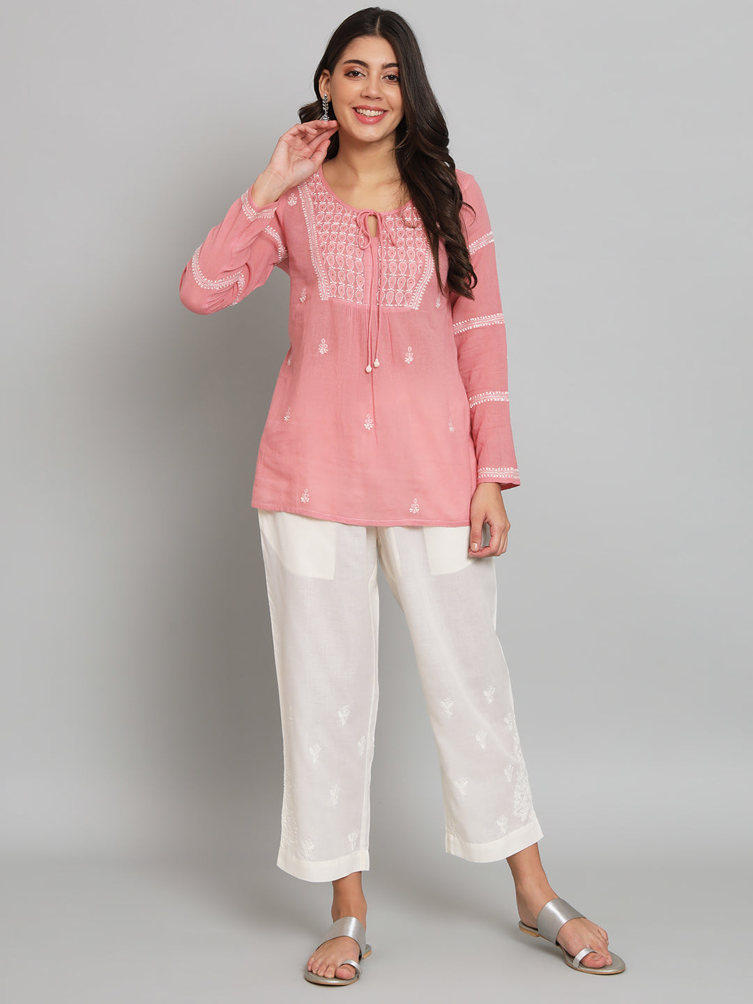 293 Rose Pink Chikankari Top with Tie-ups