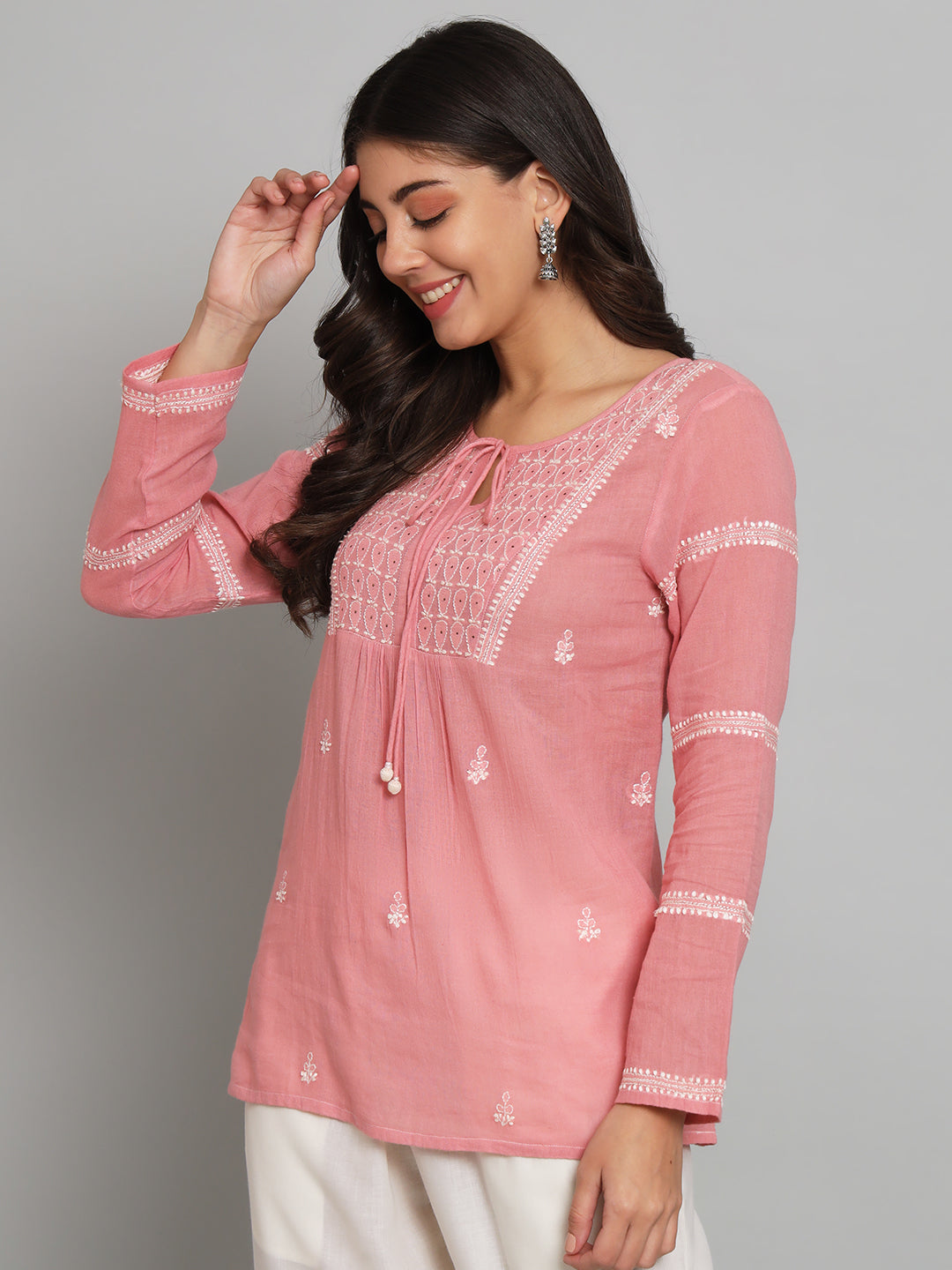 293 Rose Pink Chikankari Top with Tie-ups