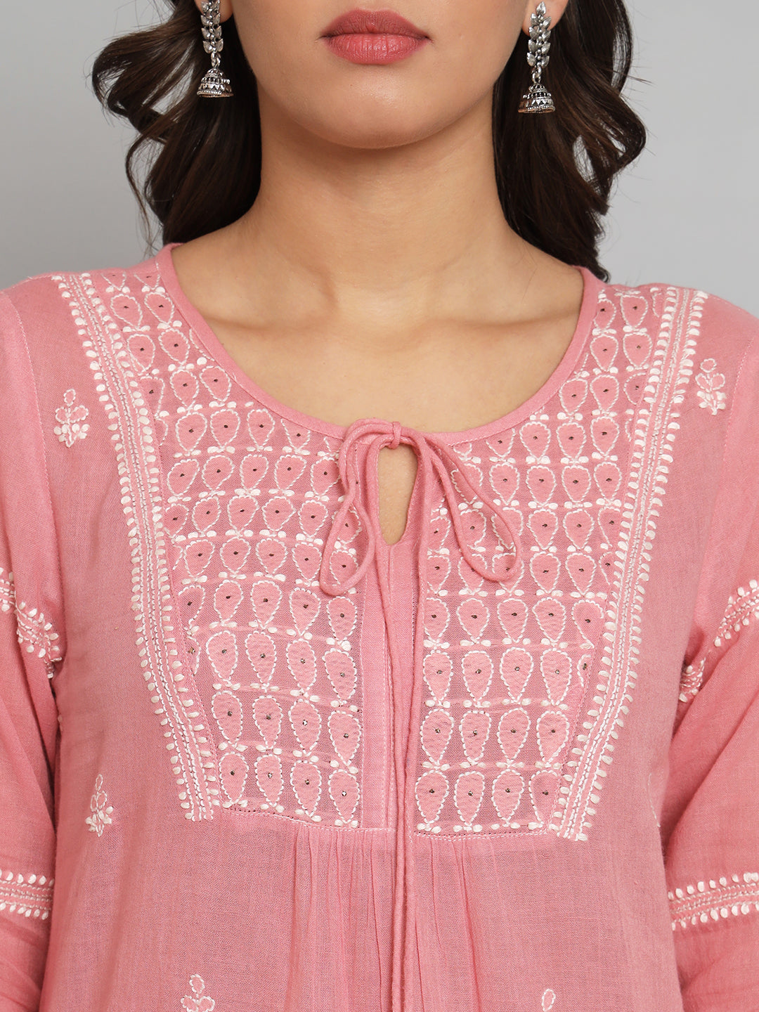 293 Rose Pink Chikankari Top with Tie-ups