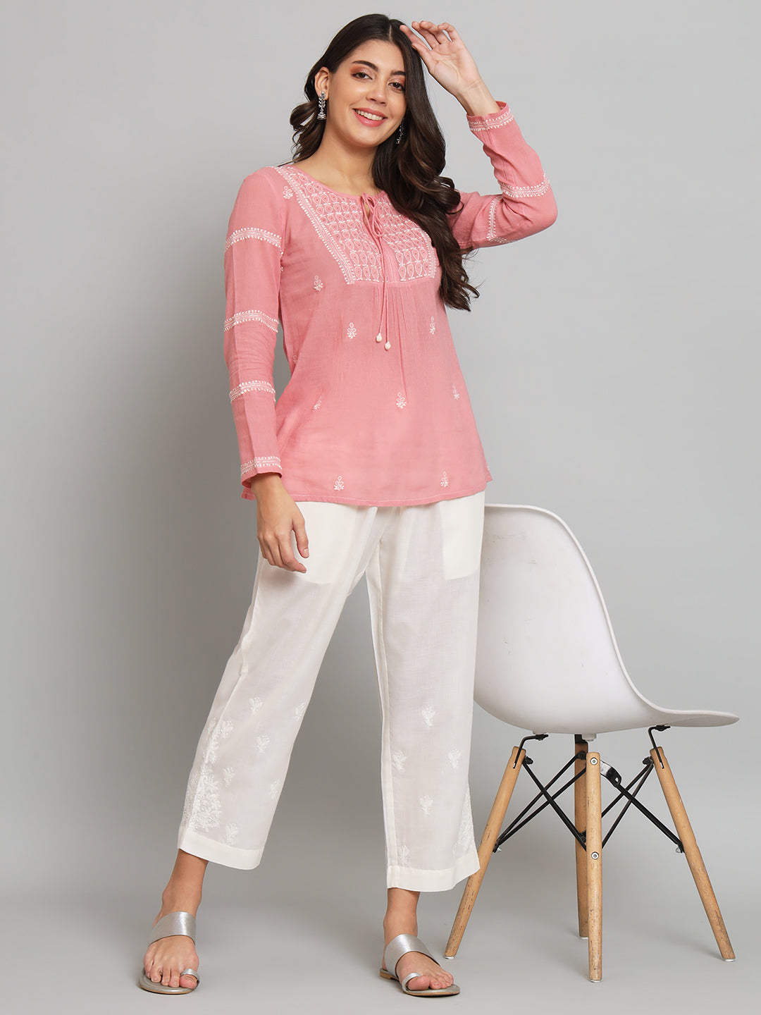 293 Rose Pink Chikankari Top with Tie-ups