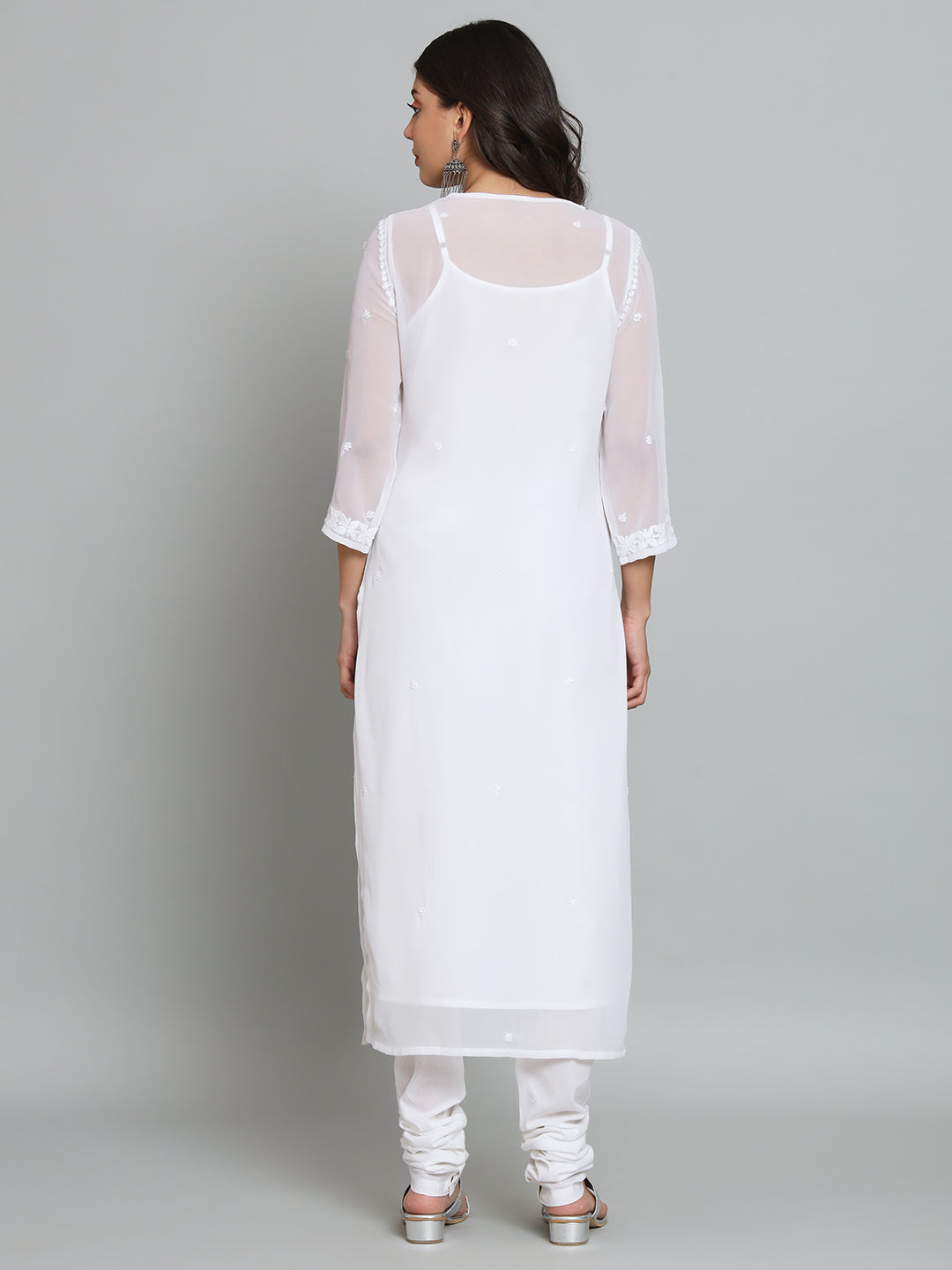 White Georgette Chikankari Kurta with Slip
