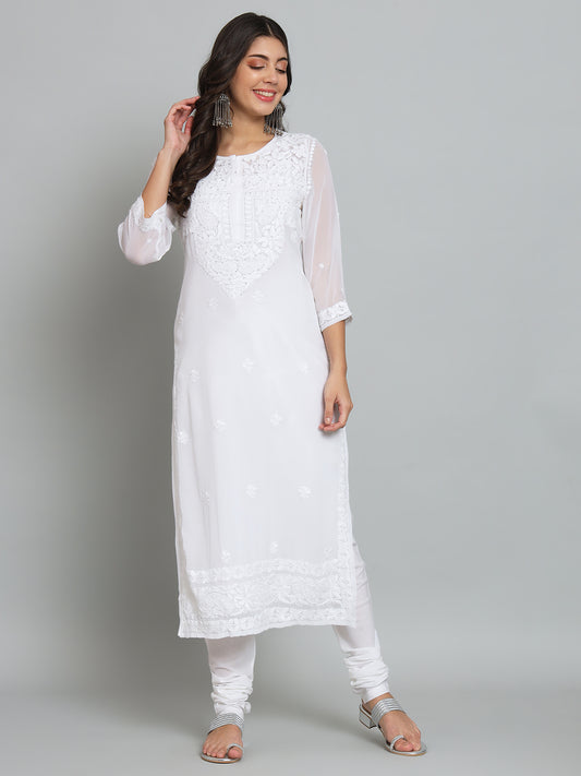 White Georgette Chikankari Kurta with Slip