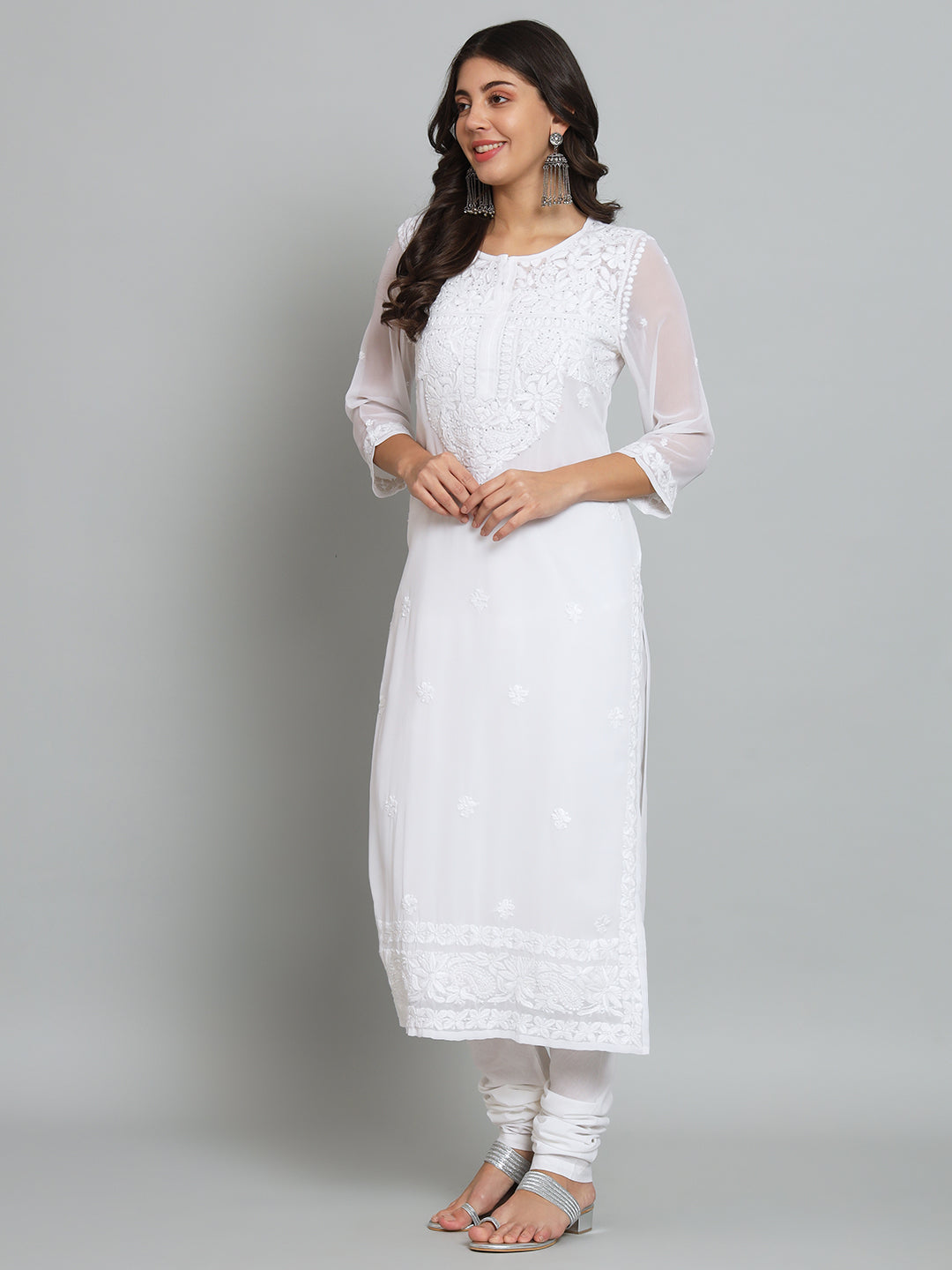White Georgette Chikankari Kurta with Slip