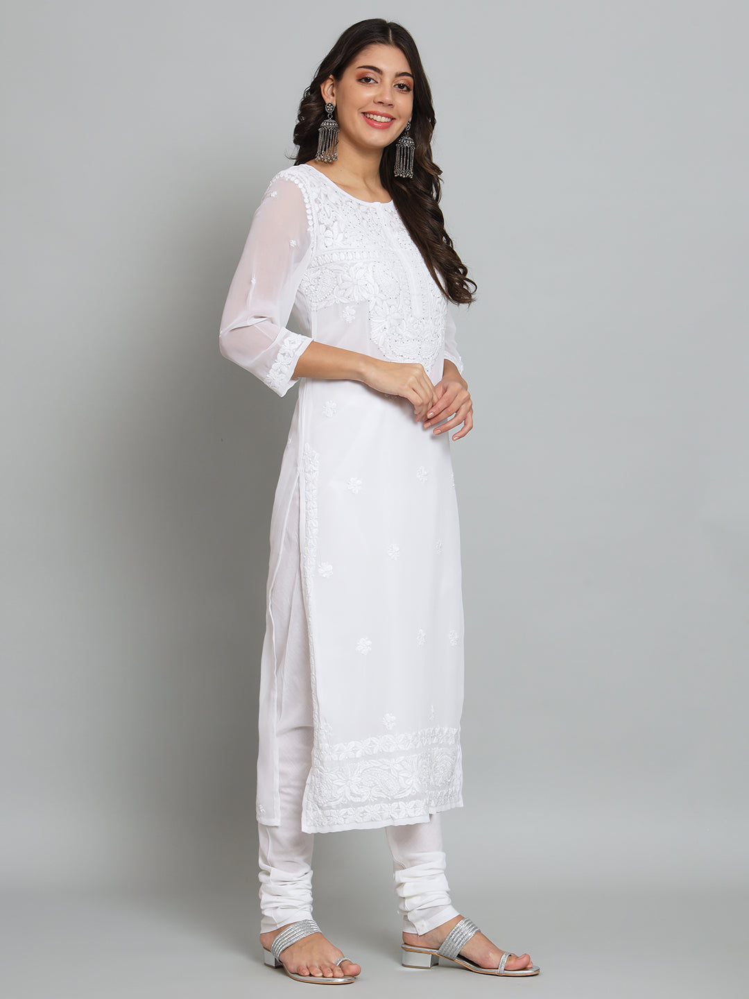 White Georgette Chikankari Kurta with Slip
