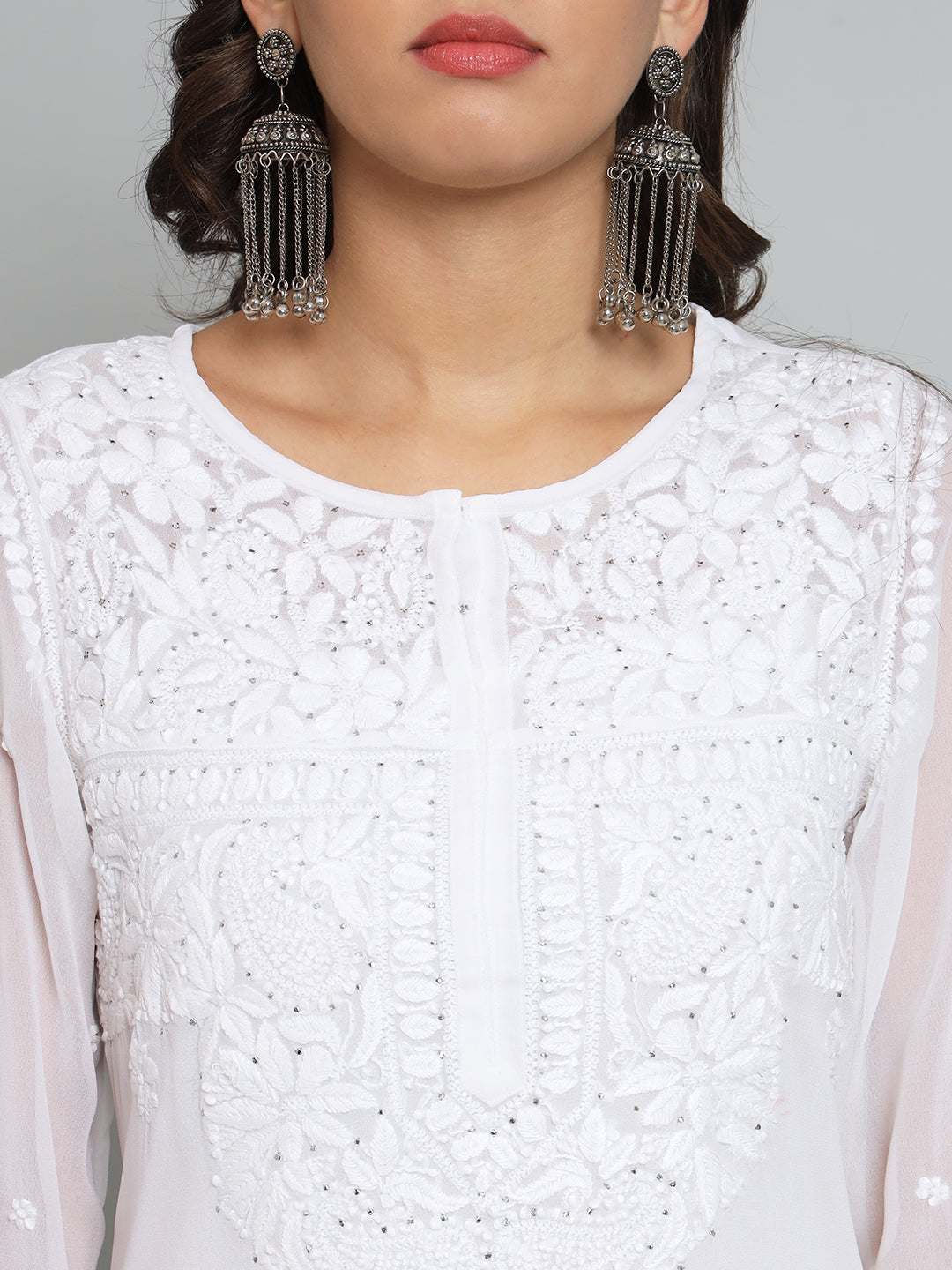 White Georgette Chikankari Kurta with Slip