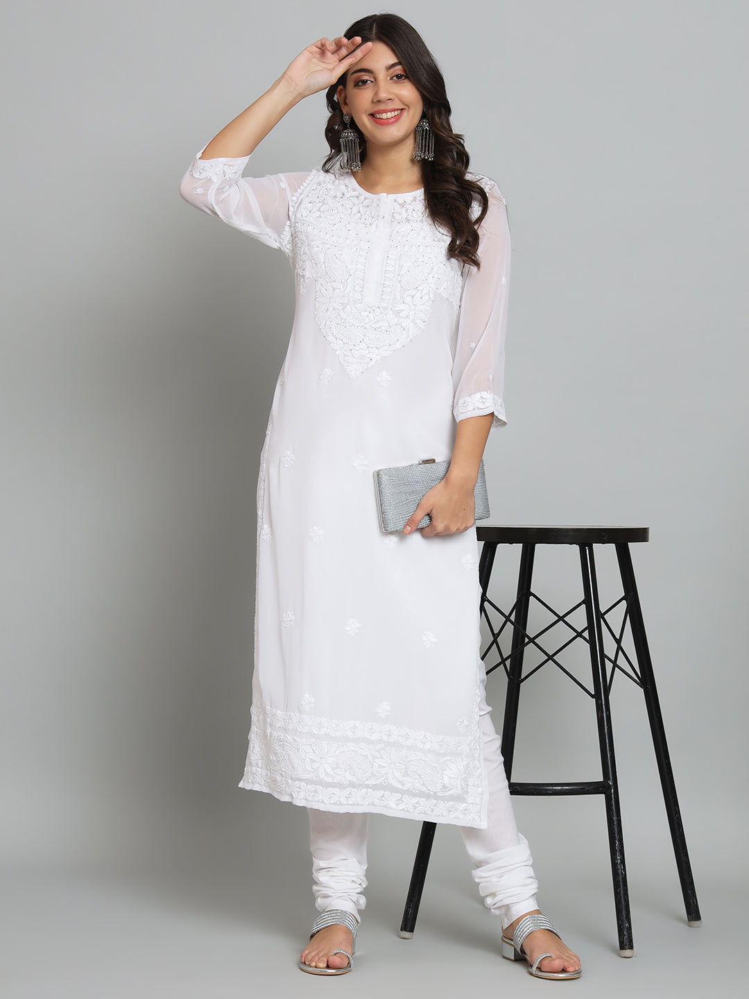 White Georgette Chikankari Kurta with Slip