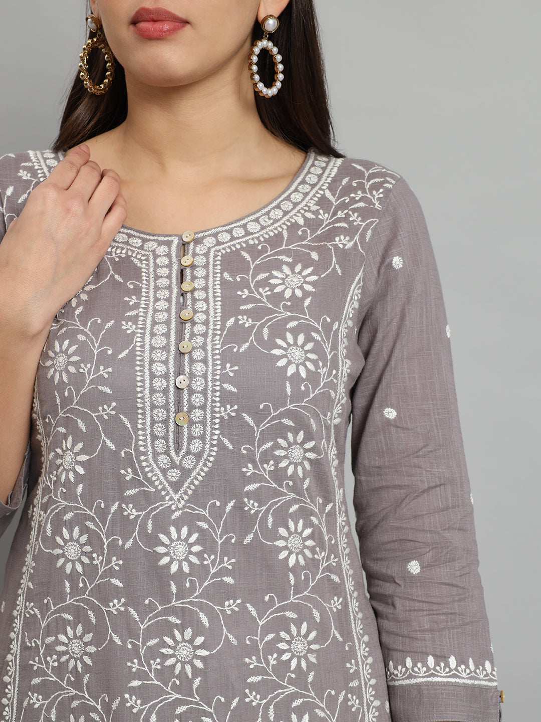 Grey Cotton Slub A-line Chikankari Kurta