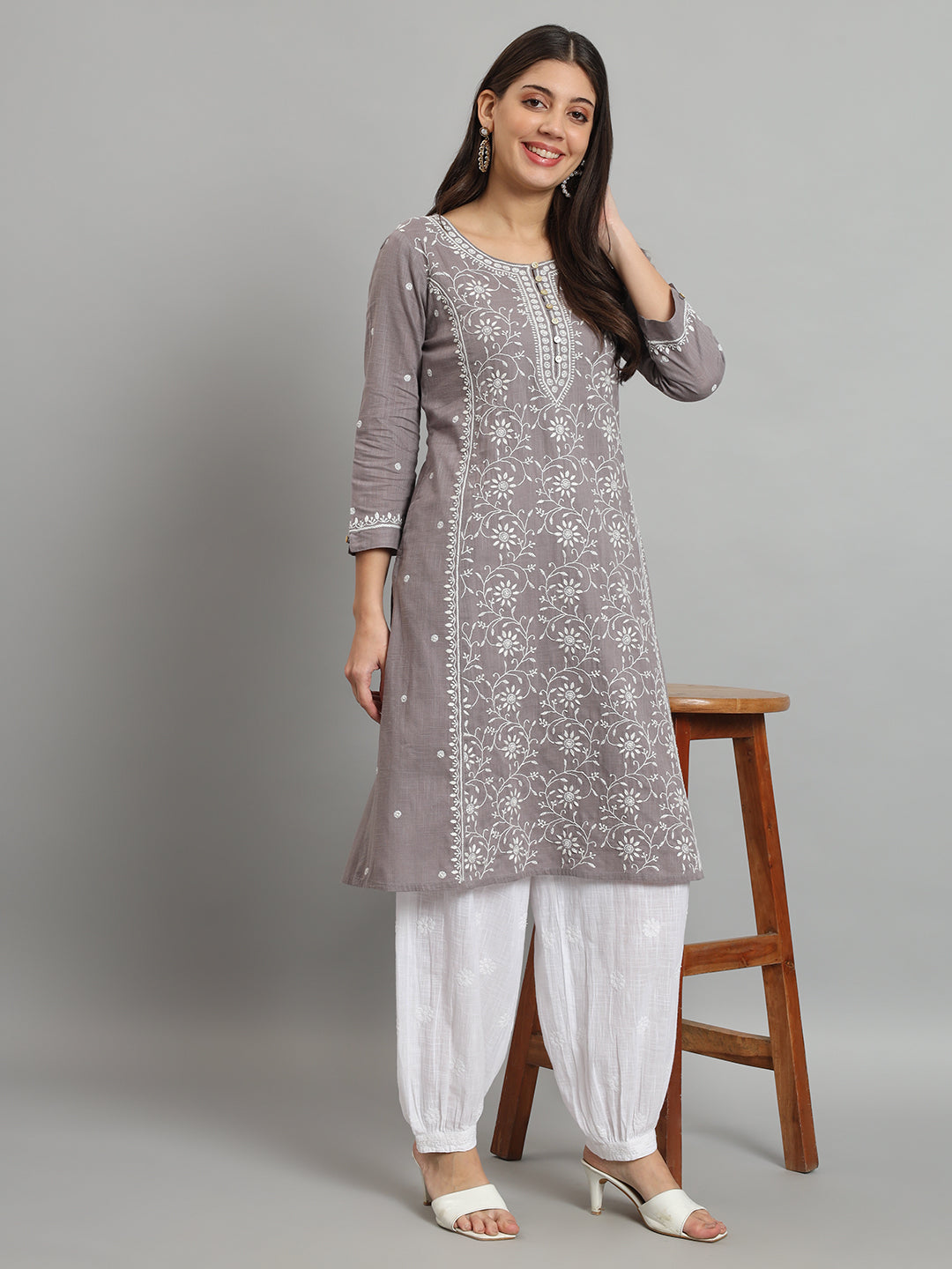 Grey Cotton Slub A-line Chikankari Kurta