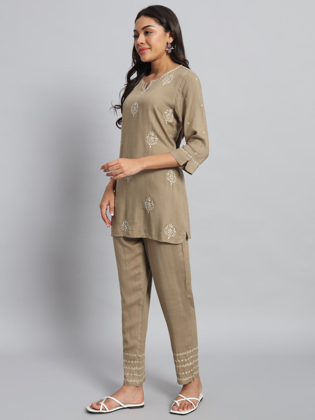 Beige Chikankari Kurta-Pant Set
