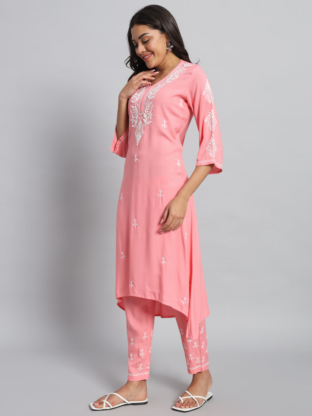 Pink Chikankari high-low Kurta with Pant