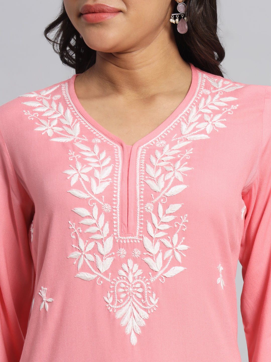 Pink Chikankari high-low Kurta with Pant