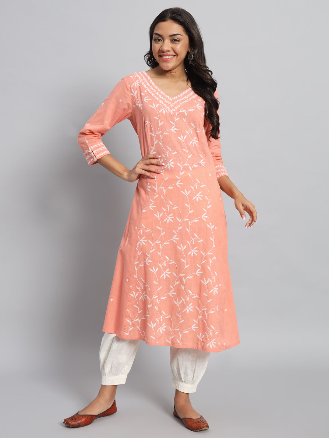 Peach Rayon Chikankari Kurta