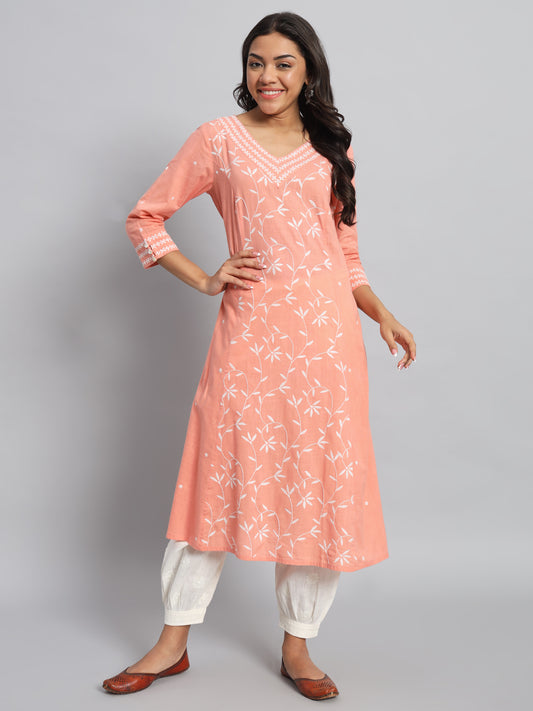 Peach Rayon Chikankari Kurta