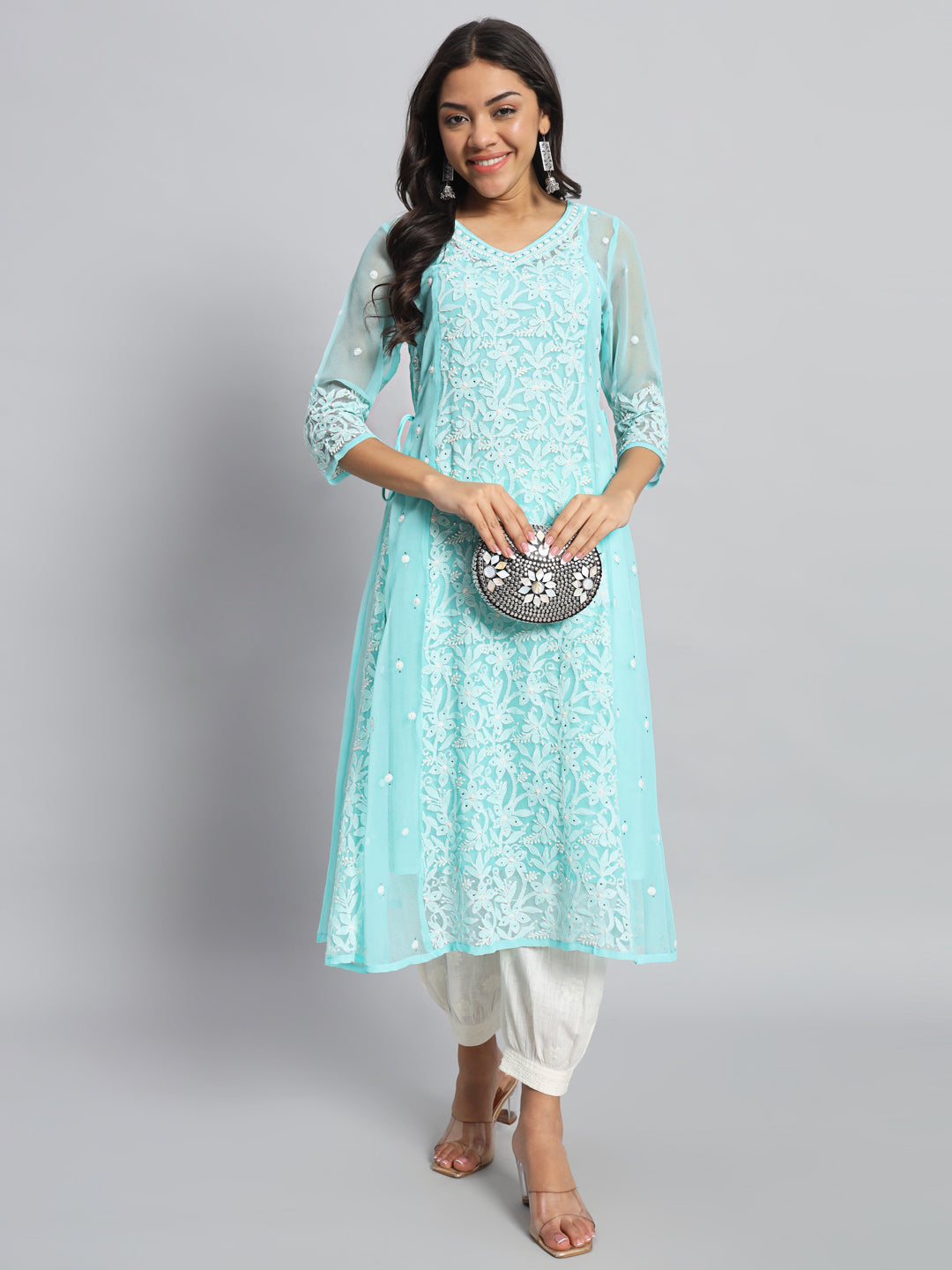 Georgette Chikankari Kurta with Side Tie-ups
