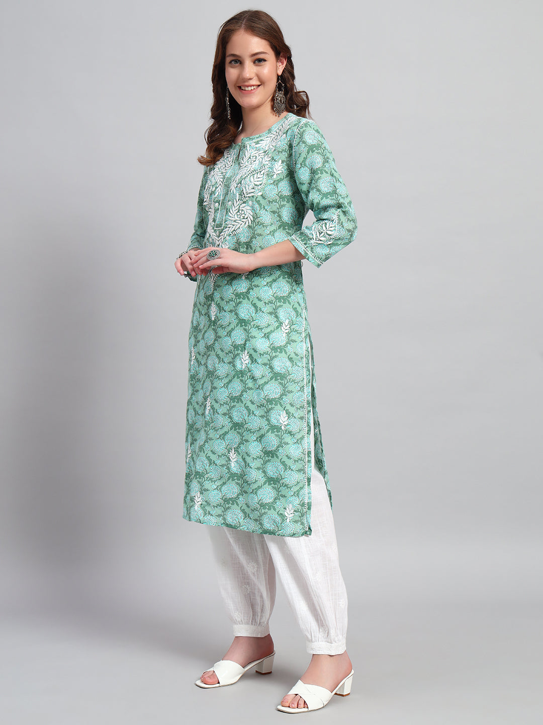 Printed Cotton Hand-Embroidered Chikankari Kurti