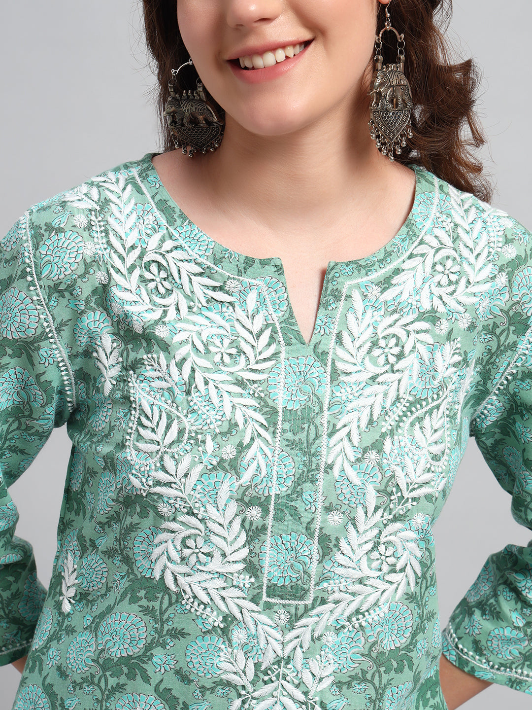 Printed Cotton Hand-Embroidered Chikankari Kurti