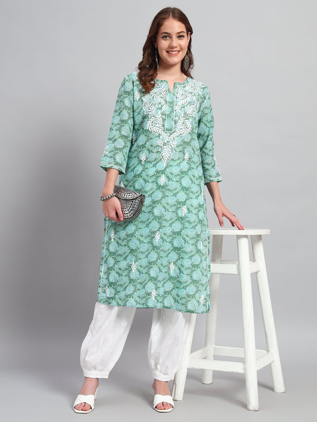 Printed Cotton Hand-Embroidered Chikankari Kurti