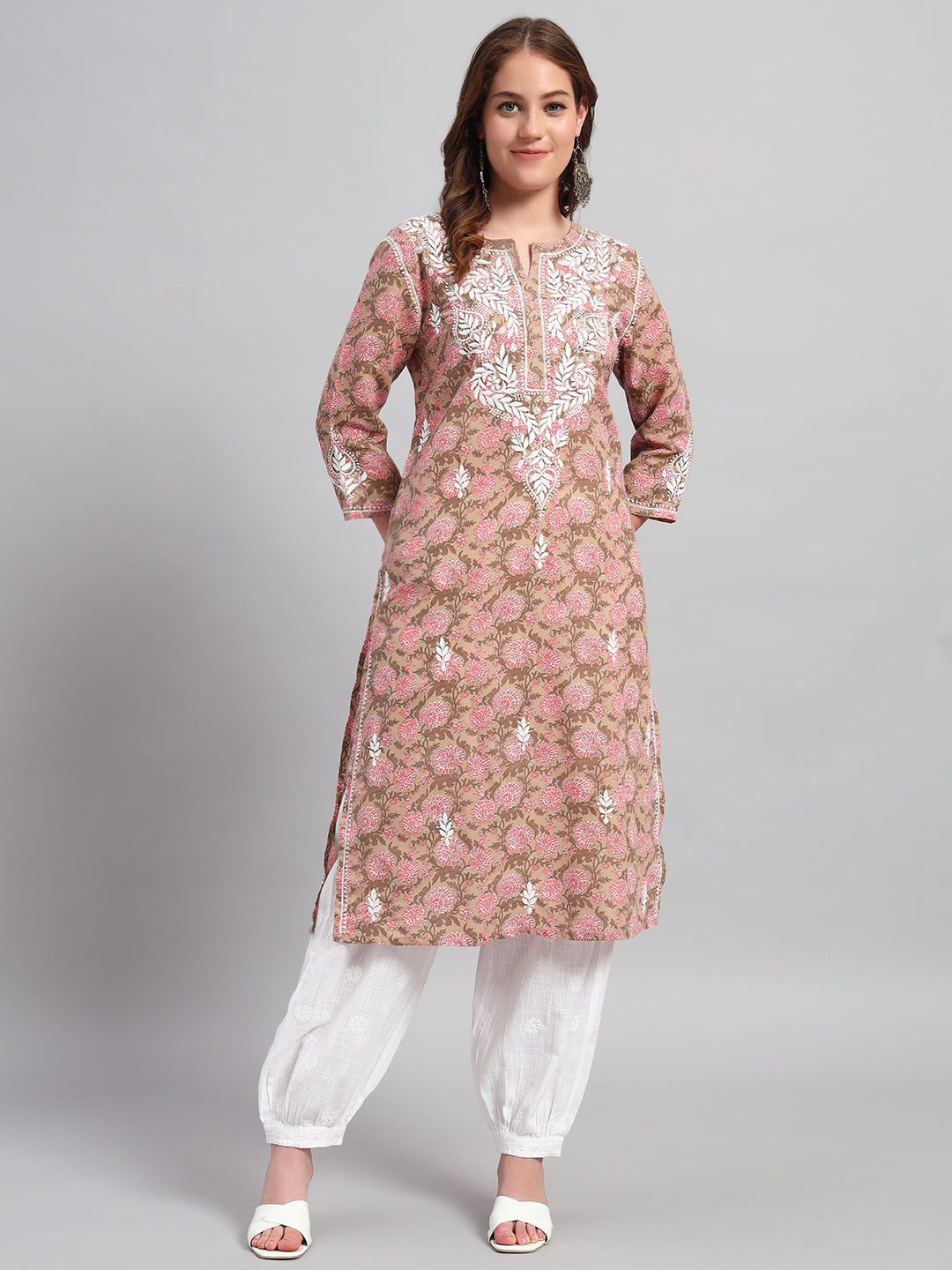 Chikankari hand-embroidered Mocha Kurti