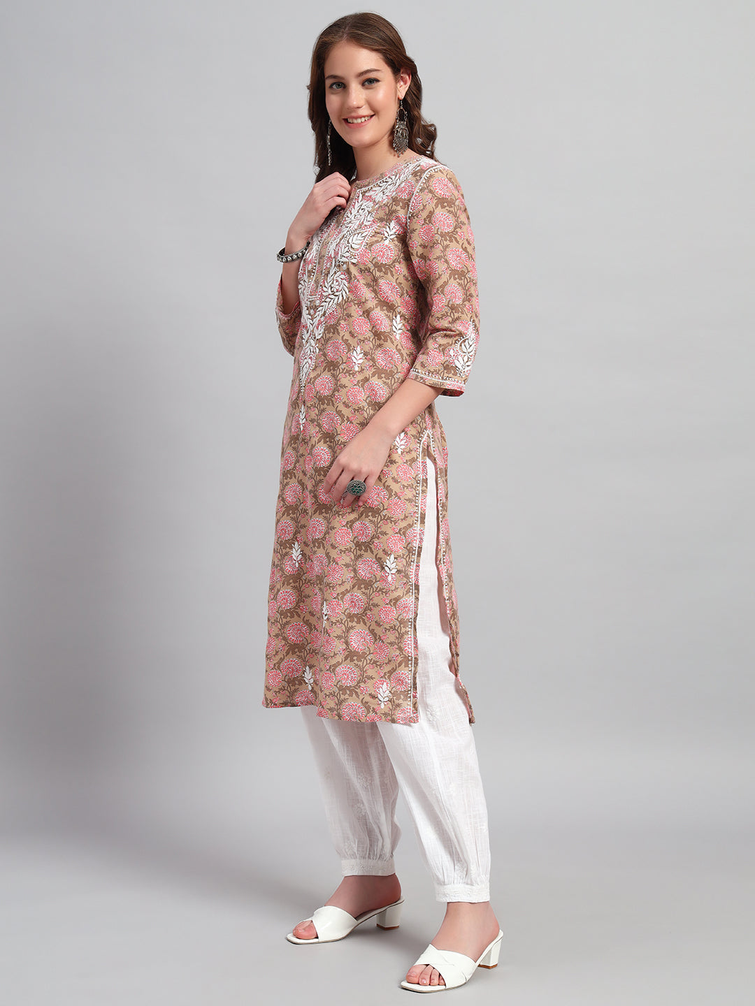 Chikankari hand-embroidered Mocha Kurti