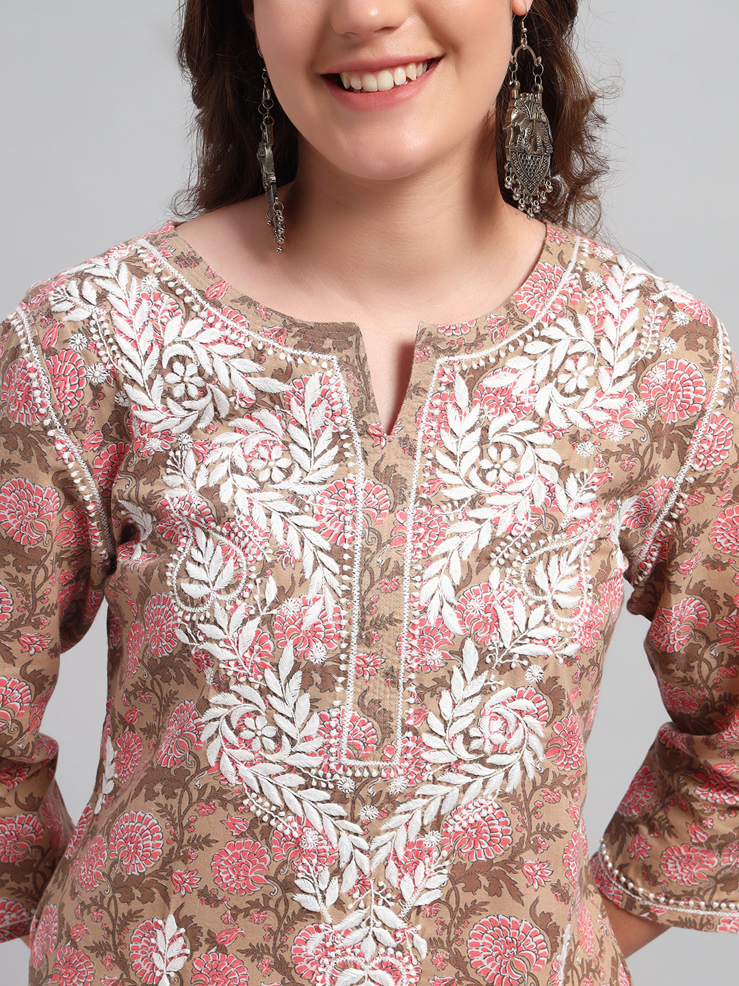 Chikankari hand-embroidered Mocha Kurti