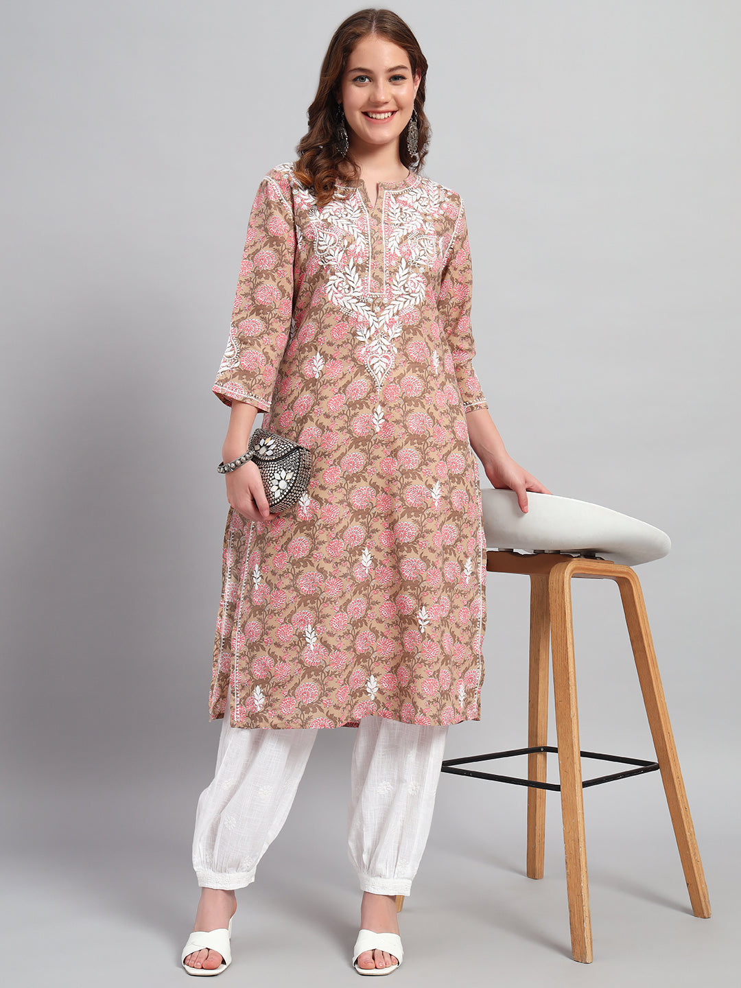 Chikankari hand-embroidered Mocha Kurti