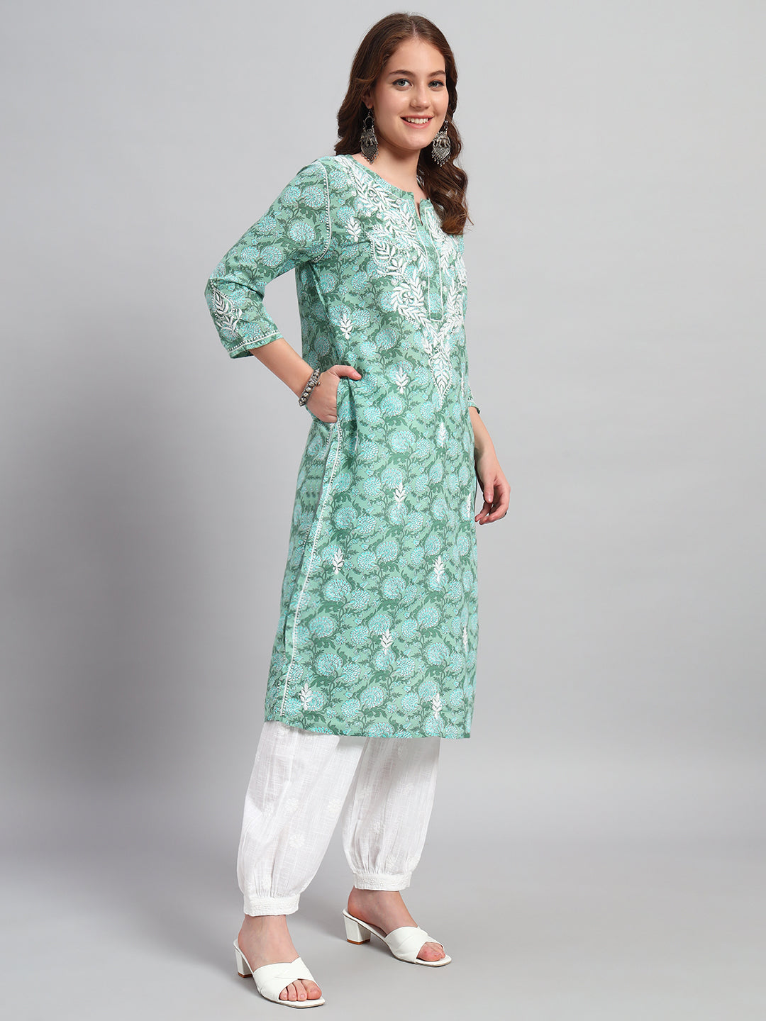 Printed Cotton Hand-Embroidered Chikankari Kurti