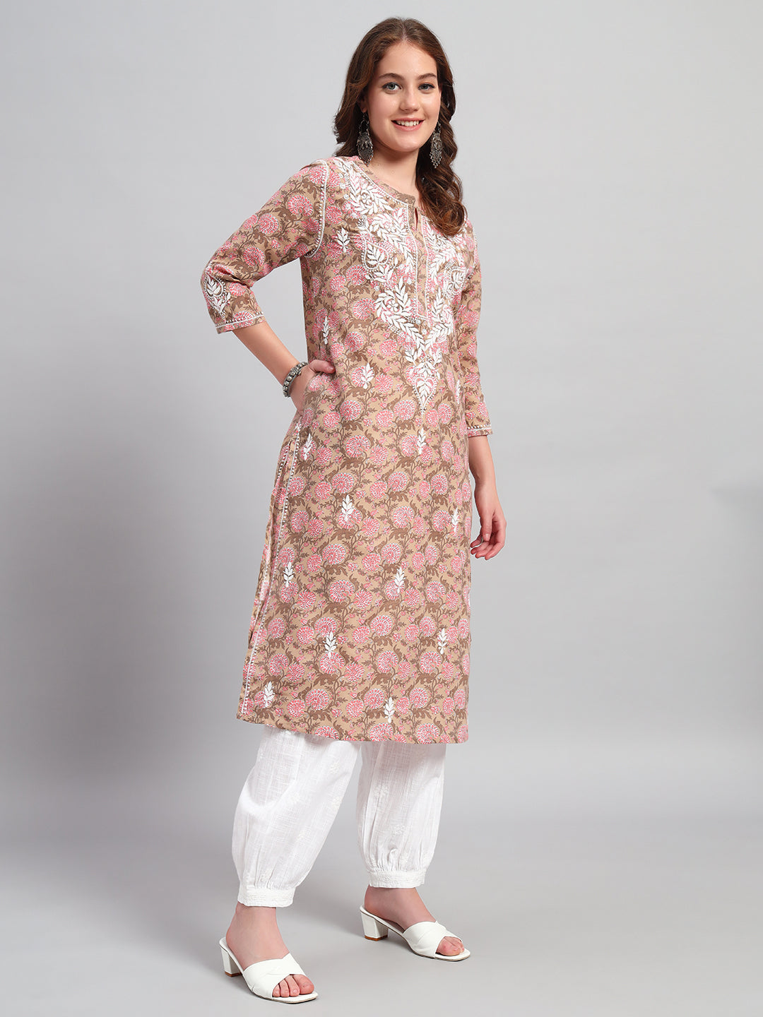 Chikankari hand-embroidered Mocha Kurti
