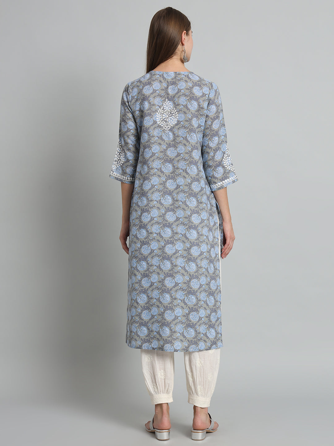Printed Chikankari Kurta with Tie-ups