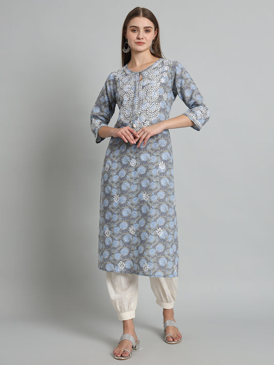 Printed Chikankari Kurta with Tie-ups