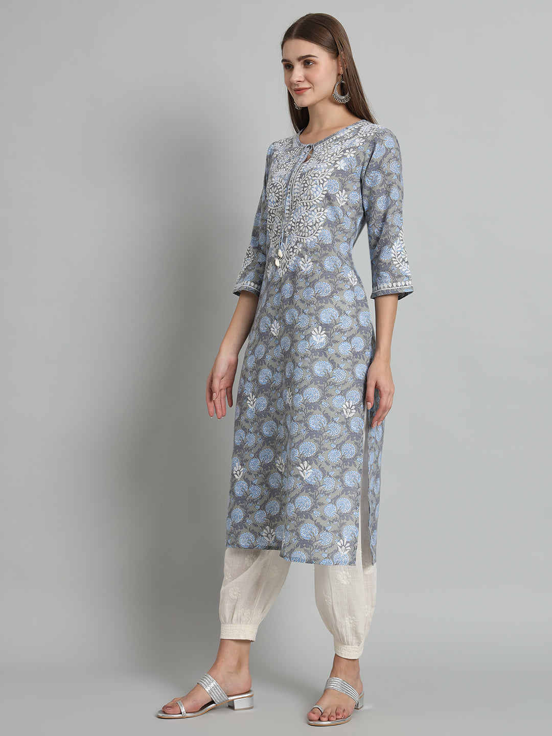 Printed Chikankari Kurta with Tie-ups
