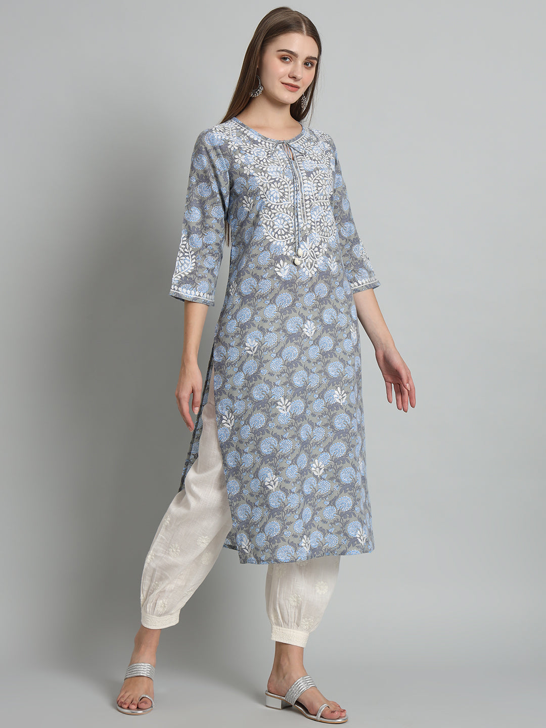 Printed Chikankari Kurta with Tie-ups