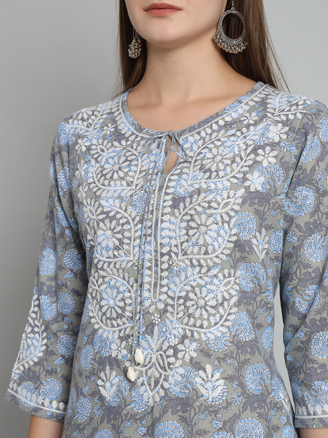 Printed Chikankari Kurta with Tie-ups