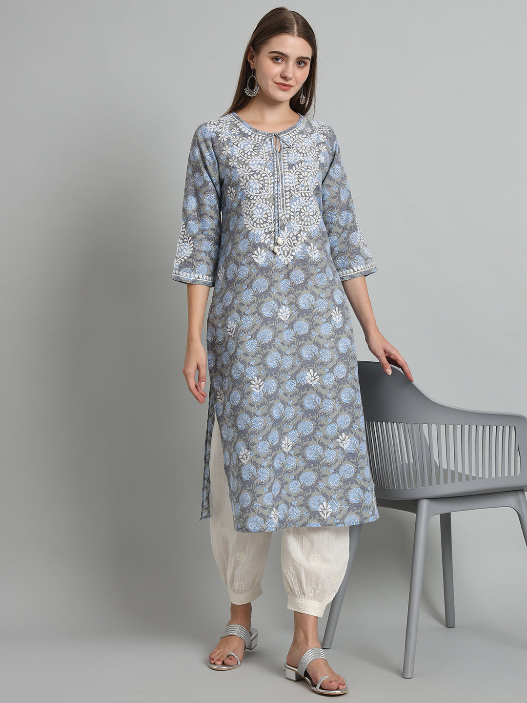 Printed Chikankari Kurta with Tie-ups