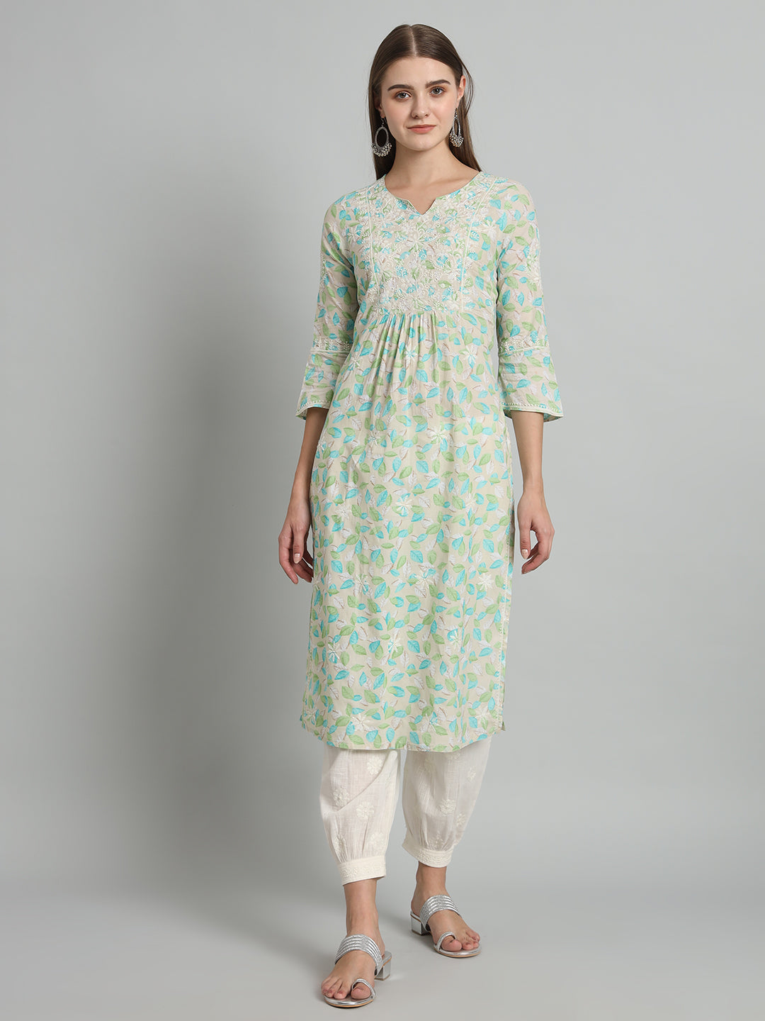 Printed Chikankari Kurta with Pockets