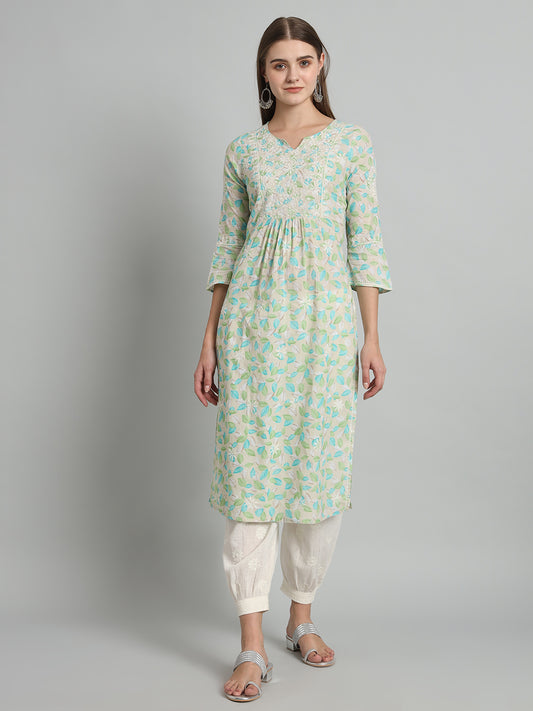 Printed Chikankari Kurta with Pockets