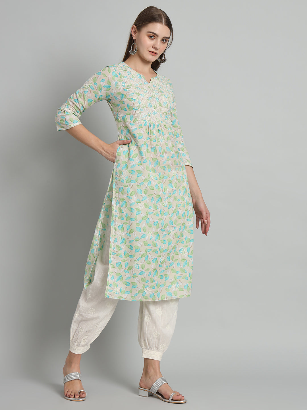 Printed Chikankari Kurta with Pockets