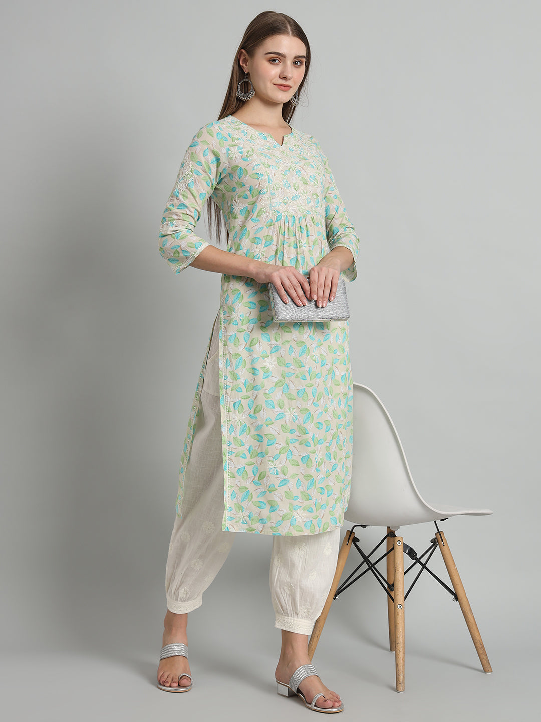 Printed Chikankari Kurta with Pockets