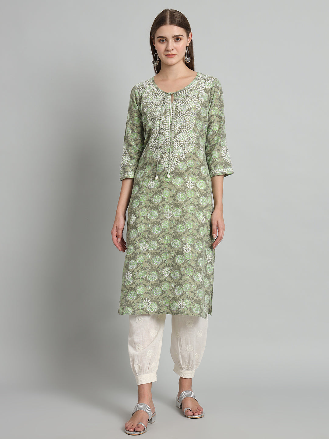 Printed Chikankari Kurta with Tie-ups