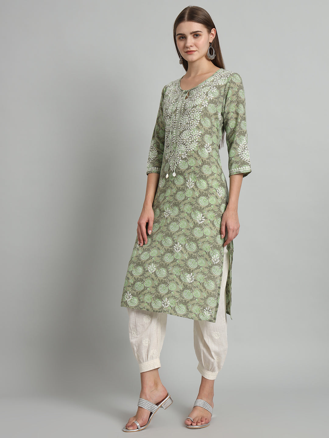 Printed Chikankari Kurta with Tie-ups