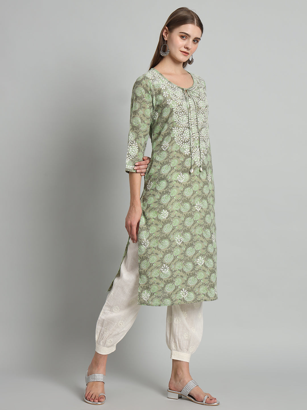 Printed Chikankari Kurta with Tie-ups