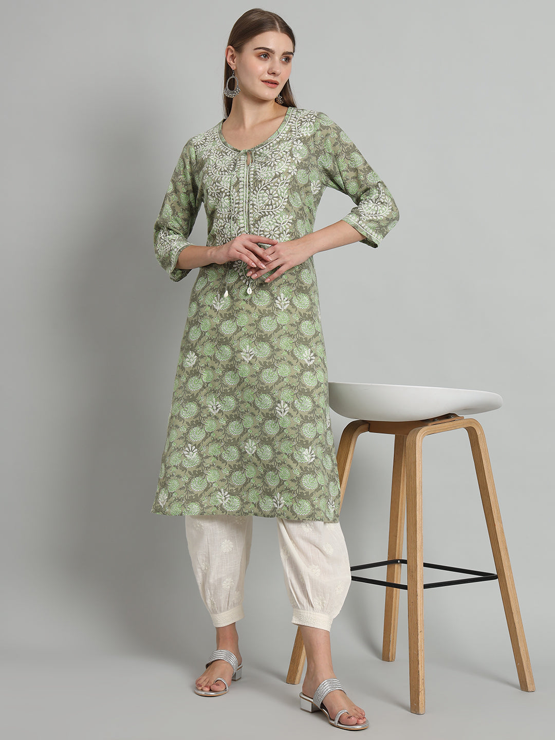 Printed Chikankari Kurta with Tie-ups