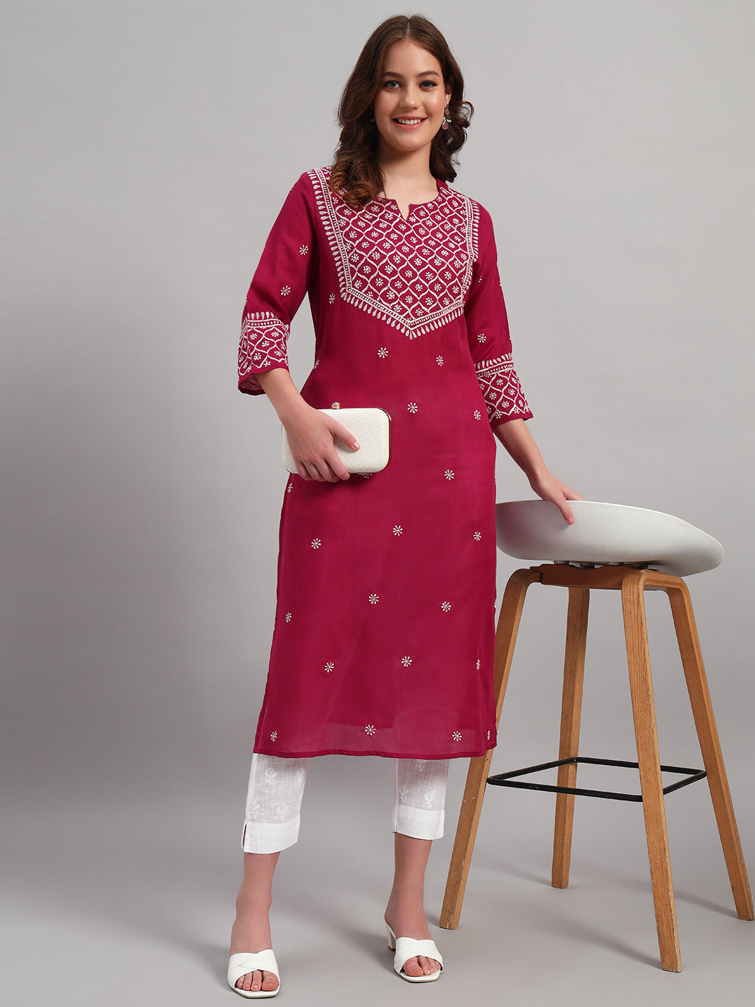 Burgandy Chikankari Straight Kurta