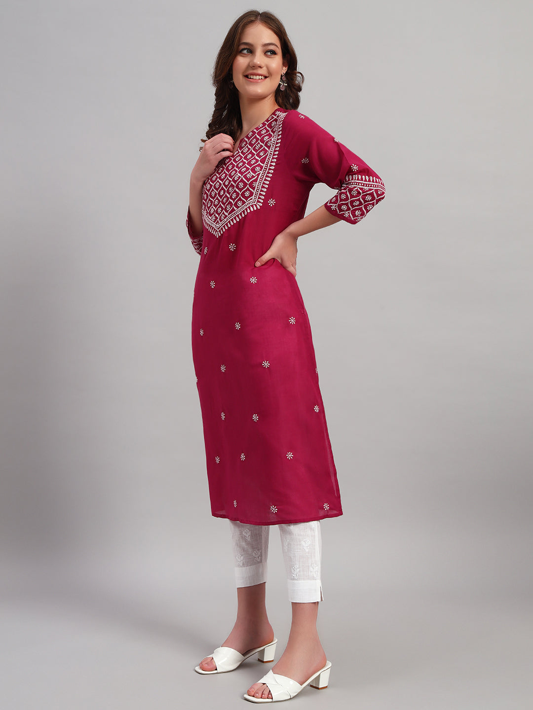 Burgandy Chikankari Straight Kurta