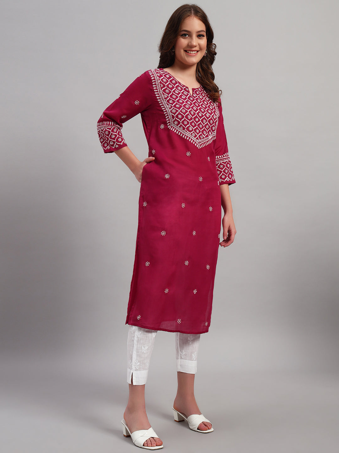 Burgandy Chikankari Straight Kurta
