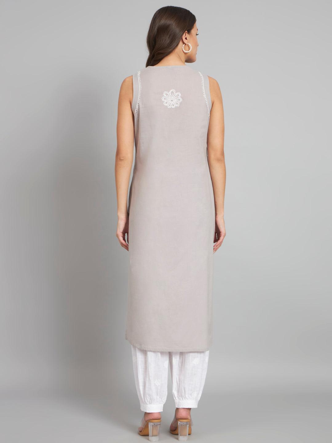 301 GREY Sleeveless Chikankari Kurta with Pockets