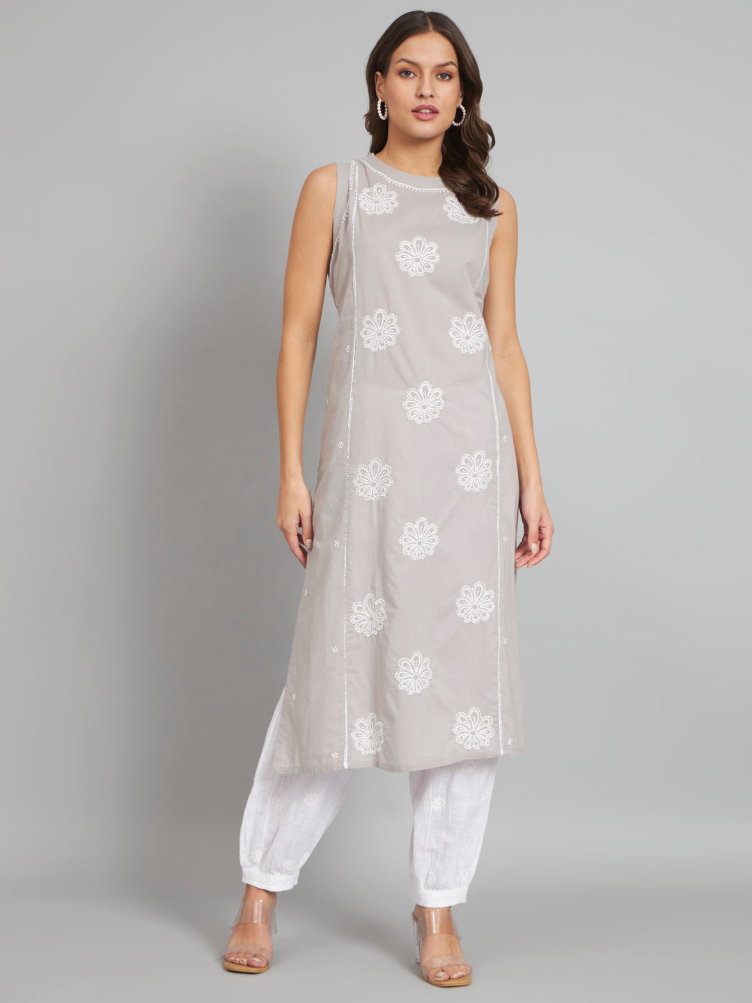 301 GREY Sleeveless Chikankari Kurta with Pockets