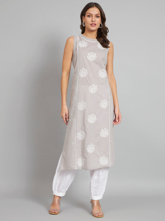 CMKA301GY GREY Sleeveless Chikankari Kurta with Pockets