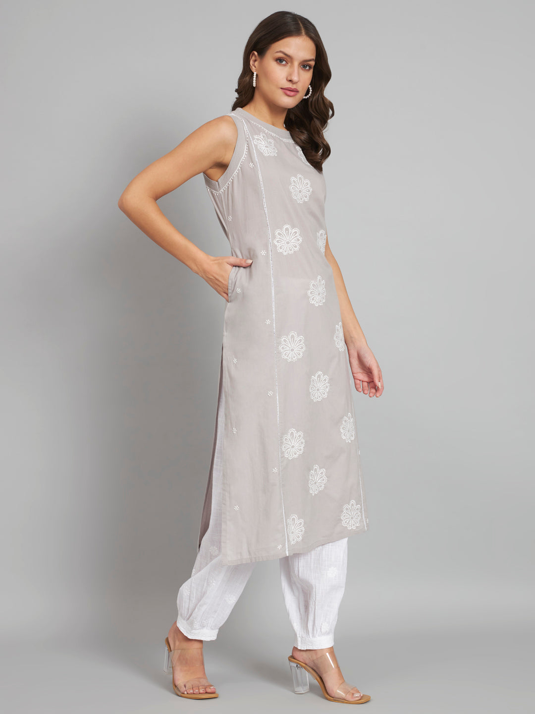 301 GREY Sleeveless Chikankari Kurta with Pockets