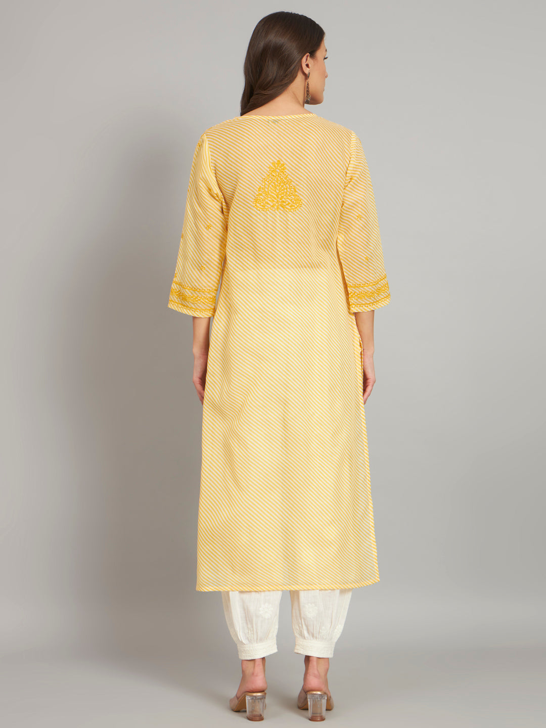 Yellow Leheriya Print Chikankari Kurta