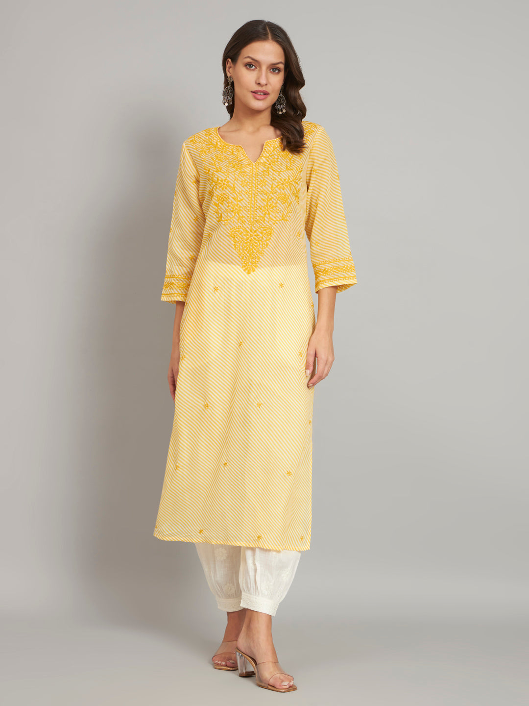 Yellow Leheriya Print Chikankari Kurta